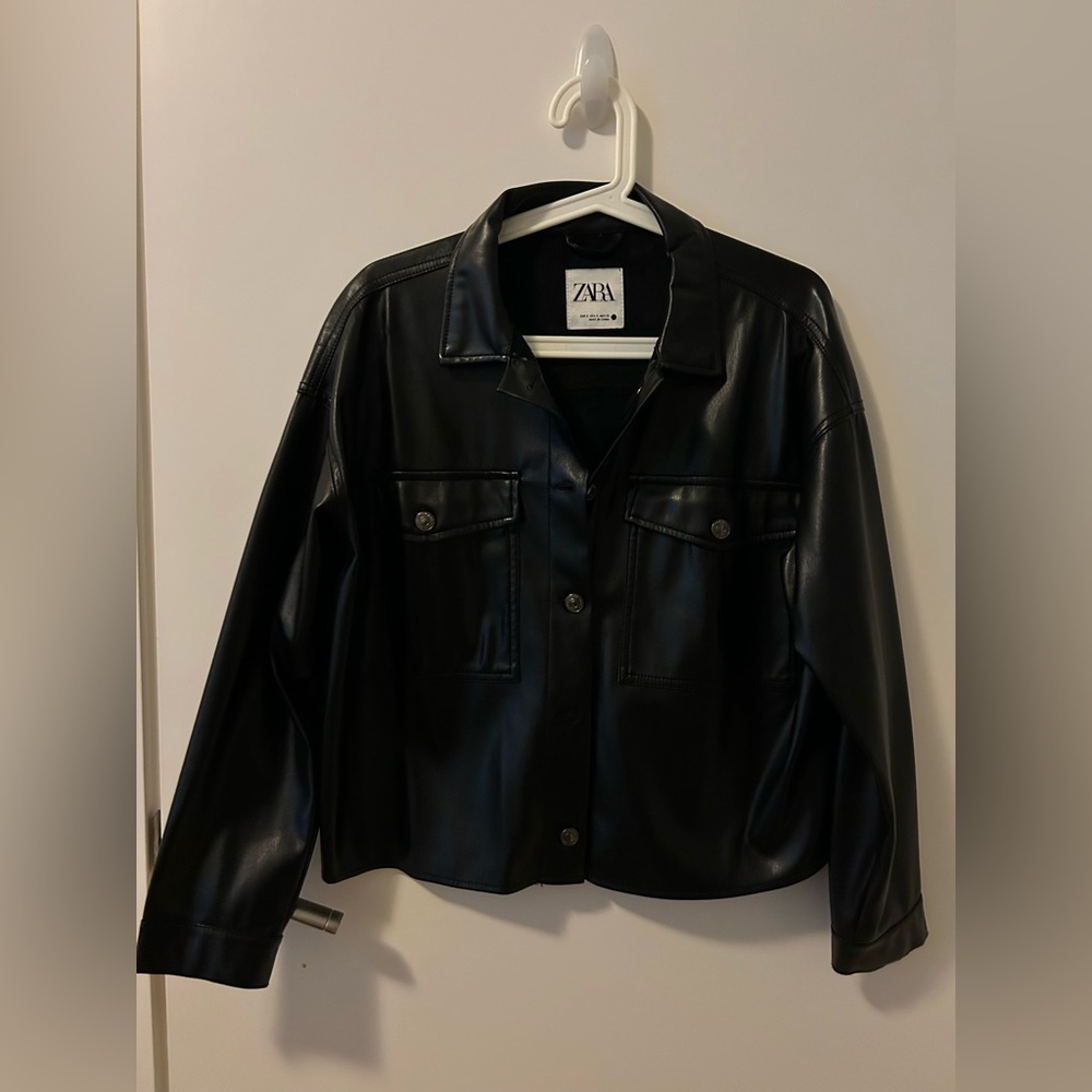 Zara Black Faux Leather Shirt Jacket